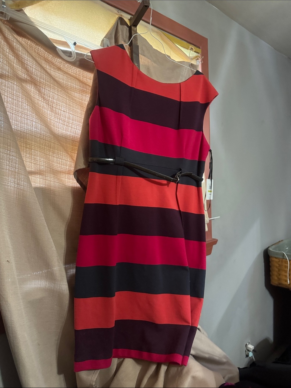 Calvin Klein Bold Striped Sheath Dress in Red, Black and Orange S-6